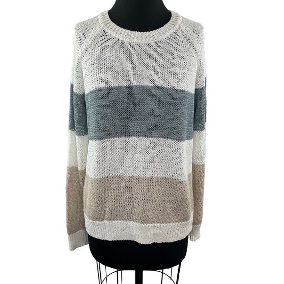 360 SWEATER Striped Long Sleeve Linen Cotton Blend Pullover Knit Sweater Size L - Picture 1 of 7
